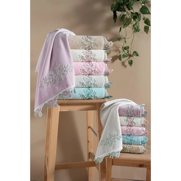 P@NDOR@ KADİFE NAKIŞLI ÇEYİZ HAVLUSU MİNT 30X50