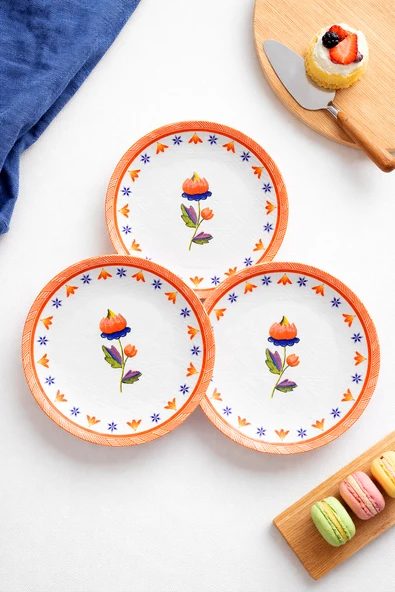 Turuncu Çiçek Desenli 6 Adet, 20 CM Dekoratif Pasta ve Tatlı Tabağı ürün görseli 1