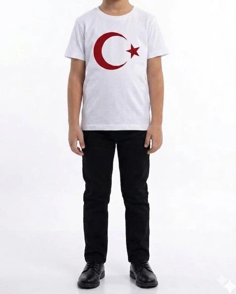 Erkek Çocuk Ay Yıldız Türk Bayraklı Kısa Kollu Tişört Beyaz ürün görseli 1