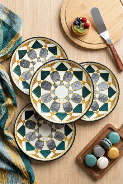 Zarif Geometrik Desenli 6 Adet 20 CM Pasta ve Tatlı Tabağı Sunum Tabak ürün görseli 1