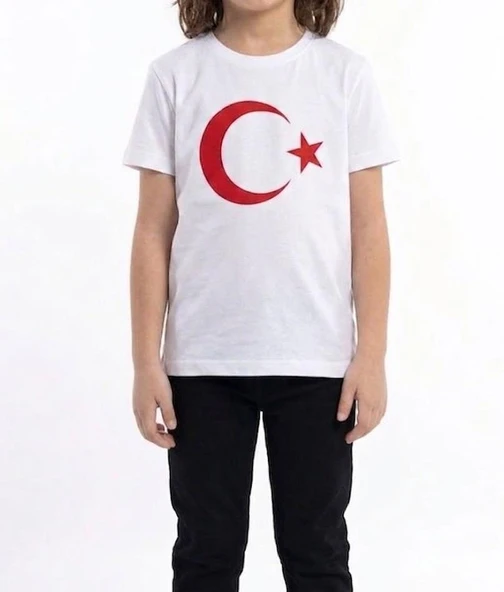 Kız Çocuk Ay Yıldız Türk Bayraklı Kısa Kollu Tişört Beyaz ürün görseli 1