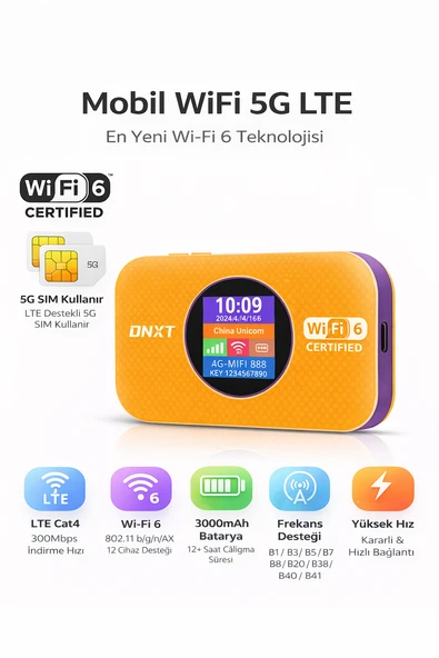 5G Mobil WiFi Modem Taşınabilir Router WiFi 6 Destekli 300Mbps 3000mAh Bataryalı SIM Kartlı Hotspot ürün görseli 1