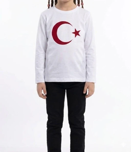 Kız Çocuk Ay Yıldız Türk Bayraklı Uzun Kollu Tişört Beyaz ürün görseli 1
