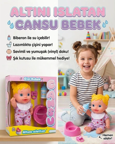 Cansu Bebek: Altını Islatan Renkli Saçlı 4 Parçalı Biberonlu Emzikli Lazımlıklı Oyuncak Bebek Seti ürün görseli 1