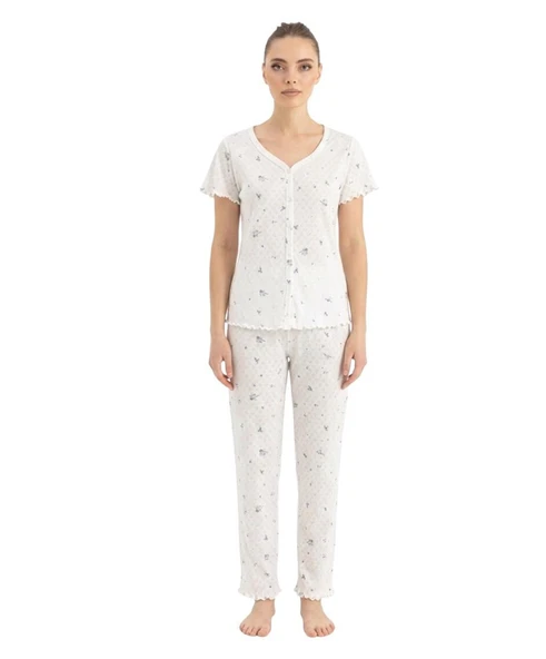 Seamlife Kadın %100 Pamuk Kalp Desenli Önü Düğmeli Kısa Kollu Pijama Takımı 18121787 ürün görseli 1