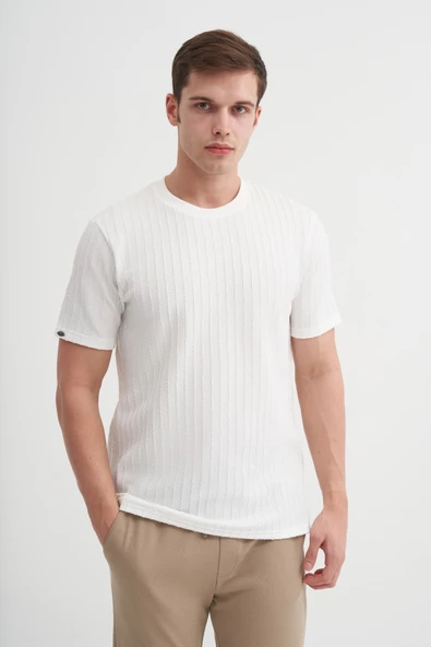 Cazador Erkek Bisiklet Yaka Örme Desen T shirt 40510 Beyaz ürün görseli 1
