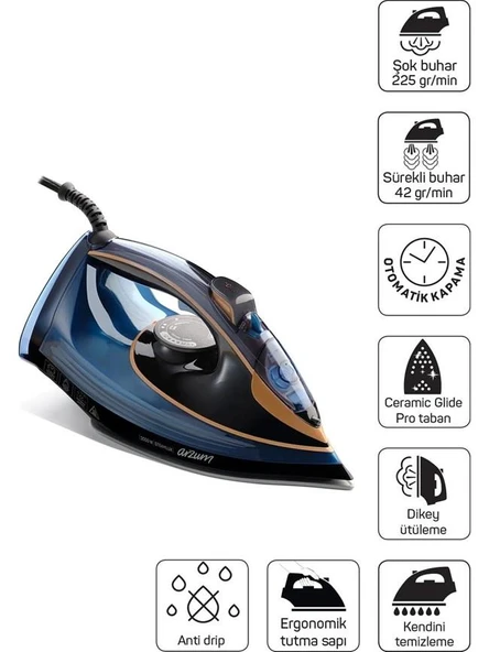 Arzum AR6043 Steamlux Buharlı Ütü Seramik Taban 3000W, 225 gr/min Şok Buhar, Mavi ürün görseli 1