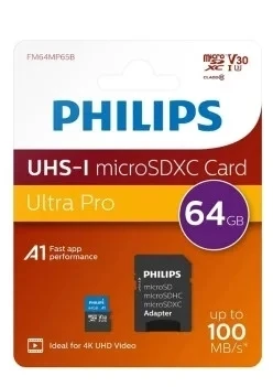 PHILIPS 64Gb UHS-I Micro SDXC Card Mikro Hafıza Kartı Ultra Pro Up to 100 Mb/S R A1 Class 10 Card+Adapter ürün görseli 1