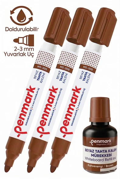 Kahverengi Yazı Tahta Kalemi 3 Adet ve Yazı Tahta Mürekkebi 30 ml 1 Adet Doldurulabilir Tahta Kalemi Beyaz Yazı Tahtası ürün görseli 1