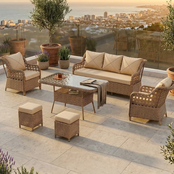 Anemon Serisi 1. Sınf 3+1+1+2 Puf Cappucino Rattan Cappucino Minder Bahçe Takımı, Balkon Takımı ürün görseli 1