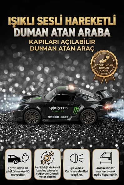 3 Buton Fonksiyonlu Işıklı Müzikli Sesli Sürtmeli Duman Atan Kapıları Açılan Porsche Oyuncak Araba ürün görseli 1