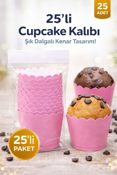 Cupcake Kalıbı & Kek Kapsülü & Muffin Kek Kalıbı & 25 Adet - Pembe Kek Kalıbı ürün görseli 1