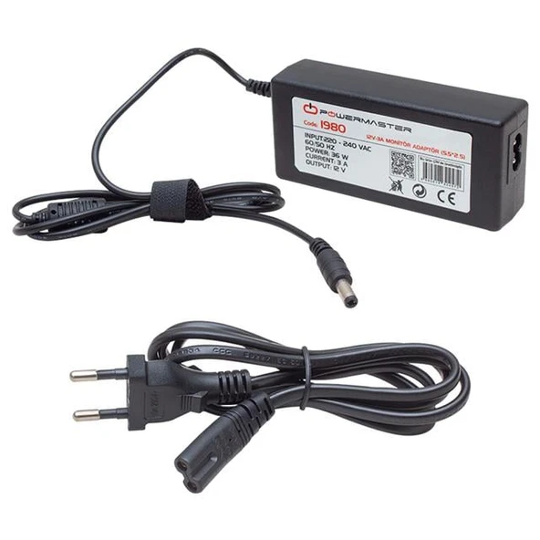 Powermaster PM-1980 12 Volt - 3 Amper - 36 Watt 5.5*2.5 Mm Uçlu Plastik Kasa Masaüstü Adaptör ürün görseli 1