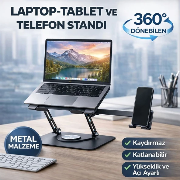 2Sİ 1 ARADA METAL 360 DÖNEBİLEN LAPTOP TABLET+TELEFON STANDI KATLANABİLİR AYARLANABİLİR BAŞLIKLI KAYMAZ TABANLI ÇOK AMAÇLI STAND ürün görseli 1