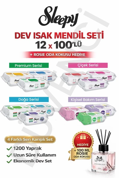 Sleepy Islak Mendil Mega Fırsat Paketi (12 Paket x 100 yaprak) ve Oda Kokusu ürün görseli 1