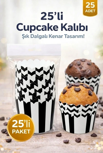 Cupcake Kalıbı & Kek Kapsülü & Muffin Kek Kalıbı & 25 Adet - Siyah Beyaz Kek Kalıbı ürün görseli 1