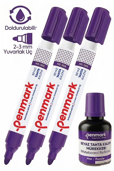Mor Yazı Tahta Kalemi 3 Adet ve Yazı Tahta Mürekkebi 30 ml 1 Adet Doldurulabilir Tahta Kalemi Beyaz Yazı Tahtası ürün görseli 1