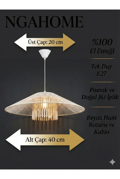 NGAHOME Bohem Jüt ve Pamuk İplikli Ahşap Boncuklu Sarkıt Avize - 40 cm ürün görseli 1