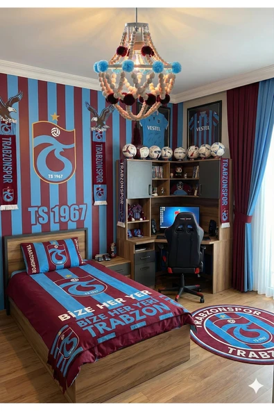 NGAHOME El Yapımı Ahşap Boncuklu Ponponlu Avize Bordo-Mavi Dekoratif Çocuk Odası Aydınlatma ürün görseli 1
