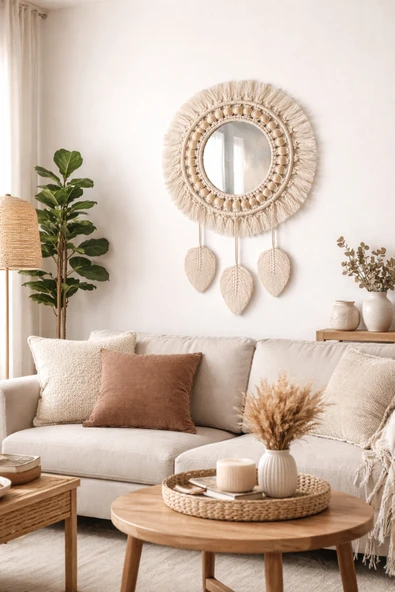 NGAHOME El Yapımı Makrome Ayna Duvar Süsü 40 cm | Boho Dekoratif Ahşap Boncuklu Püsküllü Ayna | Salon, Yatak ürün görseli 1