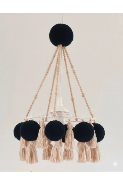 NGAHOME El Yapımı Bohem Ahşap Boncuk Avize–Lacivert Ponpon & Püskül Detaylı Tavan Lambası (30 cm / 40–50 cm) ürün görseli 1
