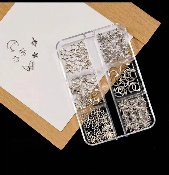 Ay Yıldız ve Kelebek Dizayn 6 Grit Metal Tırnak Süsleme Charm Silver Nail Art Charm Taşları WN-531 ürün görseli 1