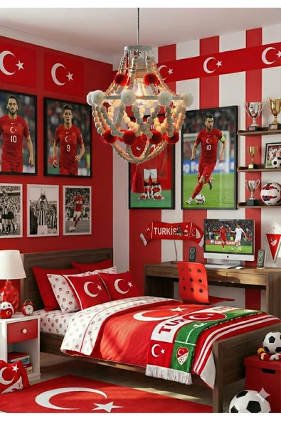 NGAHOME El Yapımı Ahşap Boncuklu Bohem Avize –Kırmızı-Beyaz Ponpon Dekoratif Tavan Lambası ürün görseli 1