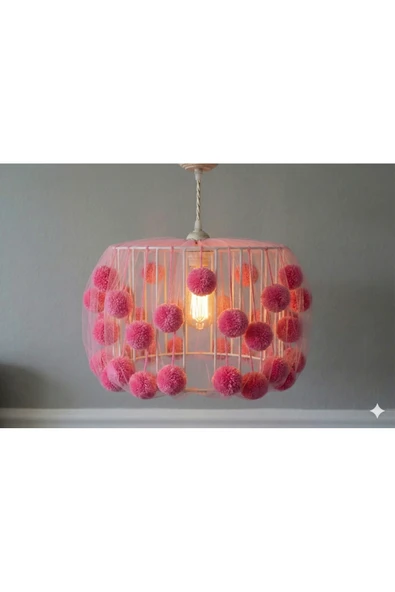 NGAHOME Pembe Ponponlu Çocuk Odası Avizesi 30 cm | Metal Kafes, Tüllü, E27 Duy Dekoratif Sarkıt ürün görseli 1