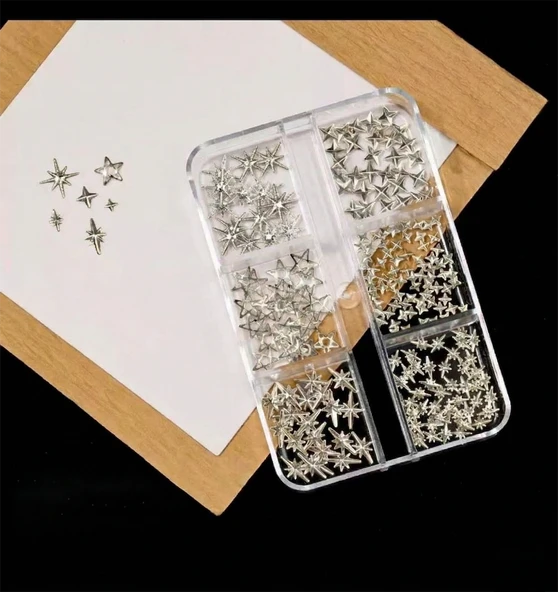 Yıldız ve Kuzey Yıldızı Dizayn 6 Grit Metal Tırnak Süsleme Charm Silver Nail Art Charm Taşları WN-529 ürün görseli 1