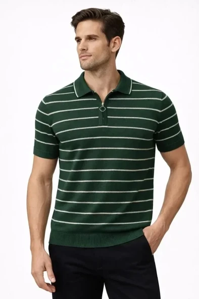 Erkek Triko Polo Yaka Fermuarlı Çizgili Tişört T-Shirt Yazlık Şık - Yeşil ürün görseli 1