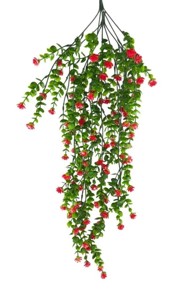 Yapay Çiçek Kırmızı Sarkan Lotus Çiçekli Okaliptus Şimşir Yapay Sarmaşık 5dal 60cm ürün görseli 1