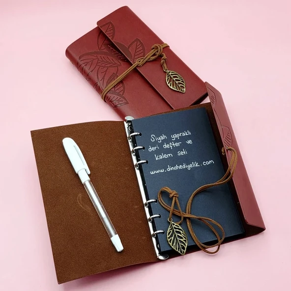 Kahverengi Deri Siyah Yapraklı Defter Ve Beyaz Jel Kalem Seti ürün görseli 1