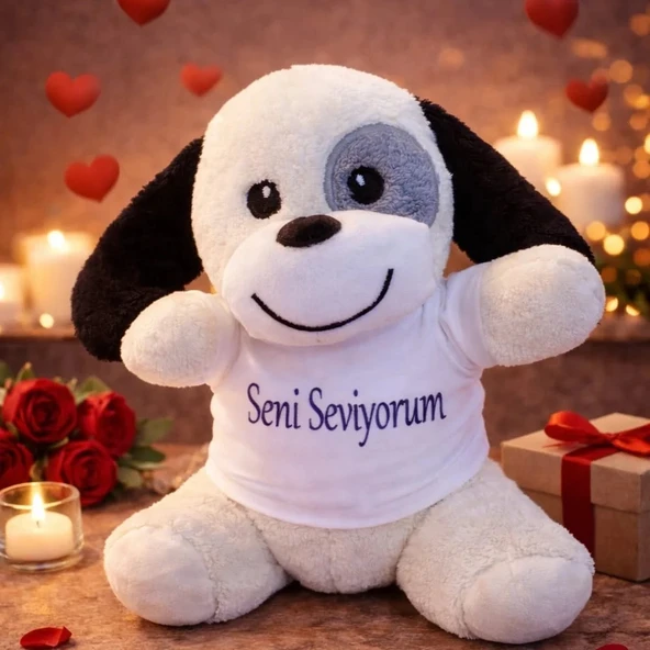Seni Seviyorum Tişörtlü Sevimli Benekli Peluş Köpek ürün görseli 1