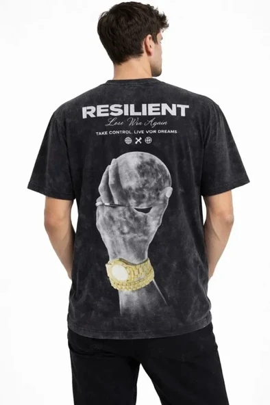 Erkek Asit Yıkamalı Baskılı Tişört Bisiklet Yaka Kısa Kollu Streetwear T-shirt - Siyah ürün görseli 1