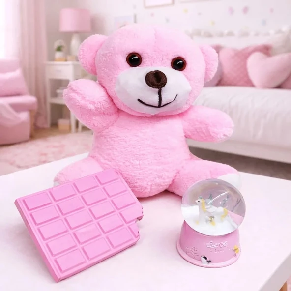Pembe Peluş Ayıcık, Kar Küresi Ve Pembe Çikolata Not Defteri Hediye Seti ürün görseli 1