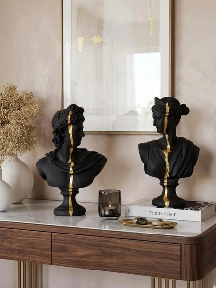 Dekoratif Apollo Diana Büst Biblo – Antik Yunan Heykel Tarzı, Biblo Gold Detaylı Lüks Salon Konsol Süs Objesi ( polyester) ürün görseli 1