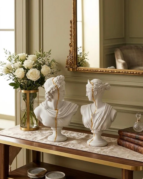 Dekoratif Apollo Diana Büst Biblo – Antik Yunan Heykel Tarzı, Biblo Gold Detaylı Lüks Salon Konsol Süs Objesi ( polyester) ürün görseli 1