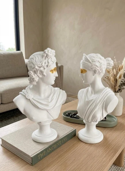 Dekoratif Apollo Diana Büst Biblo – Antik Yunan Heykel Tarzı, Biblo Gold Detaylı Lüks Salon Konsol Süs Objesi ( polyester) ürün görseli 1