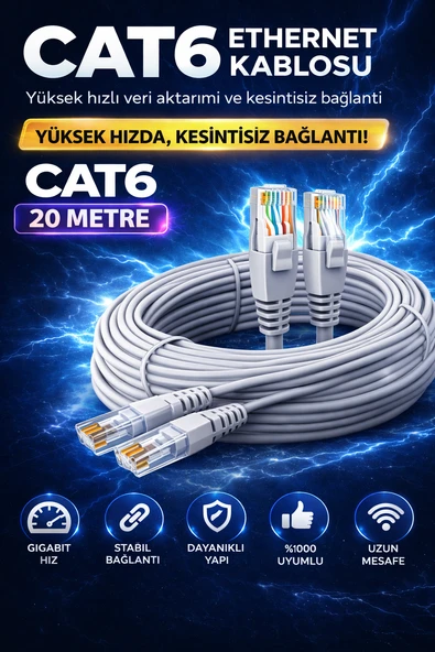 CAT6 Ethernet Kablosu 20m Gigabit LAN Kablosu Yüksek Hızlı İnternet Kablosu ürün görseli 1