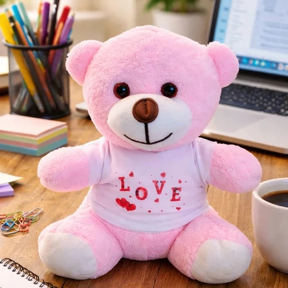 Love Tişörtlü Pembe Peluş Ayıcık ürün görseli 1
