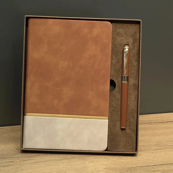 Taba Rengi Gold Detaylı Termo Deri Defter Ve Metal Roller Kalem Hediye Seti ürün görseli 1
