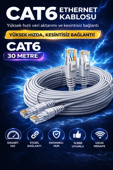 CAT6 Ethernet Kablosu 30m Gigabit LAN Kablosu Yüksek Hızlı İnternet Kablosu ürün görseli 1