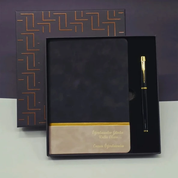 Öğretmenler Günü Özel Siyah Deri Defter Ve Metal Roller Kalem Hediye Seti ürün görseli 1