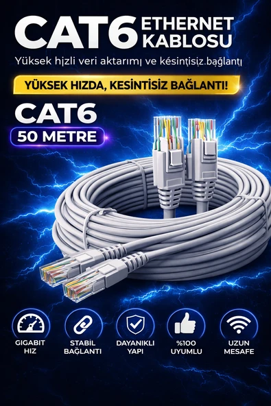 CAT6 Ethernet Kablosu 50m Gigabit LAN Kablosu Yüksek Hızlı İnternet Kablosu ürün görseli 1