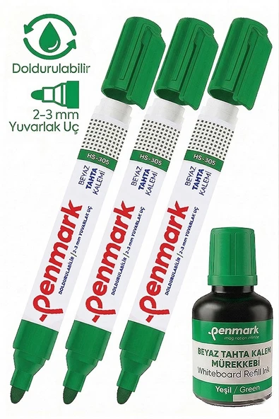 Yeşil Yazı Tahta Kalemi 3 Adet ve Yazı Tahta Mürekkebi 30 ml 1 Adet Doldurulabilir Tahta Kalemi Beyaz Yazı Tahtası ürün görseli 1