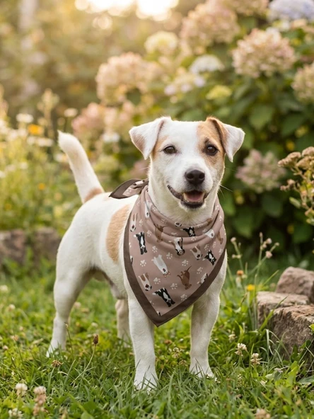 Soft Tonlarda Minimal Köpek Figürlü ve Pati Desenli, Kahverengi Çerçeveli Şık Köpek Bandanası ürün görseli 1