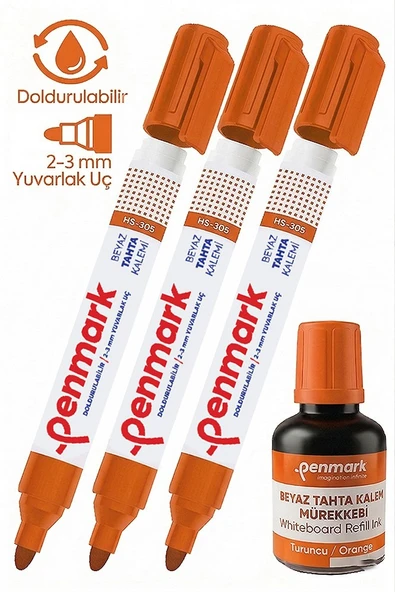 Turuncu Yazı Tahta Kalemi 3 Adet ve Yazı Tahta Mürekkebi 30 ml 1 Adet Doldurulabilir Tahta Kalemi Beyaz Yazı Tahtası ürün görseli 1