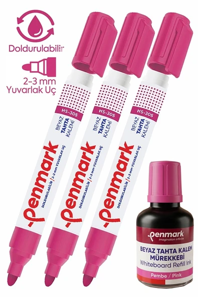 Pembe Yazı Tahta Kalemi 3 Adet ve Yazı Tahta Mürekkebi 30 ml 1 Adet Doldurulabilir Tahta Kalemi Beyaz Yazı Tahtası ürün görseli 1
