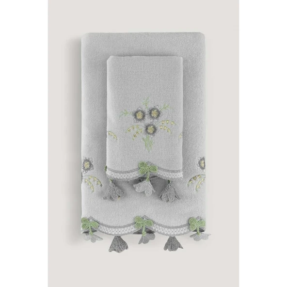 KÜPELİ KADİFE NAKIŞLI ÇEYİZ HAVLUSU GRİ 30X50