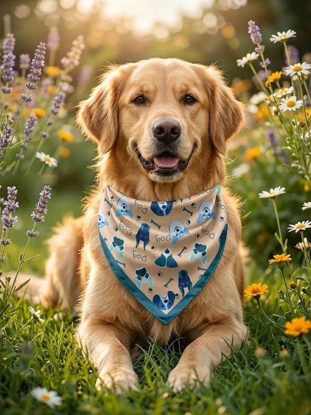 Mavi Tonlarda Sevimli Köpek Figürlü, Kemik ve Pati Desenli Şık Köpek Bandanası ürün görseli 1